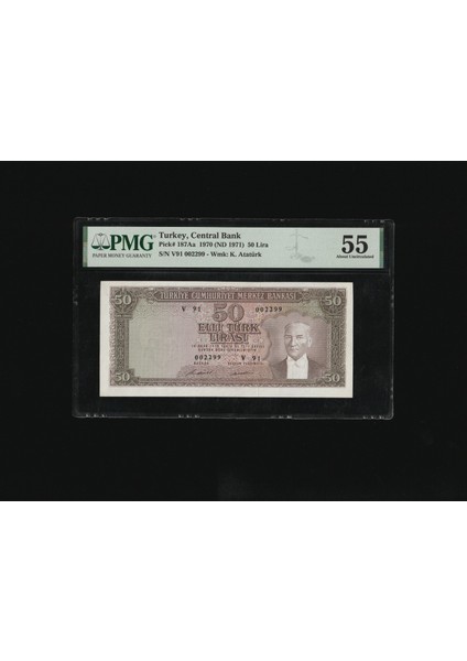 Pmg 55 Elli Türk Lirası 50 Tl 1970 (Nd 1971) P 187AA S/n V91 002299 5. Ems 7. T Ça