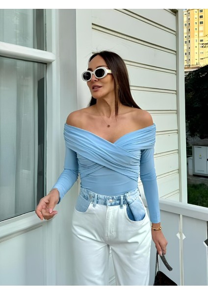 Yakası Çapraz Likralı Tasarım Marka Model Bluz Mavi - S