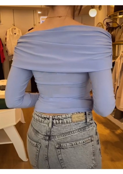 Yakası Çapraz Likralı Tasarım Marka Model Bluz Mavi - S