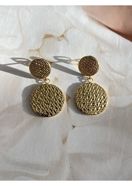 Vintage Yuvarlak Çelik Kararmaz Gold Kaplama Küpe Çifti