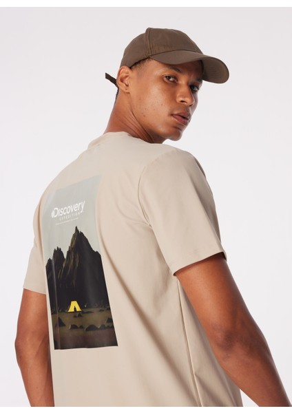 Bej Erkek Bisiklet Yaka Relaxed Baskılı Su Itici T-Shirt D4SM-TST3251