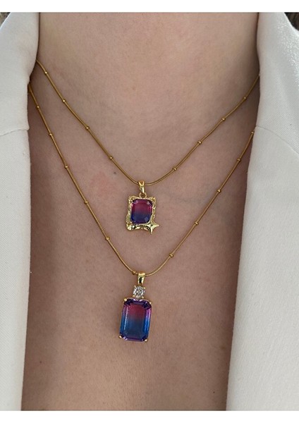 Pinery Jewels Baget Taşlı Mor Pembe Mavi Çok Renkli Çelik Kararmaz Gold Kolye