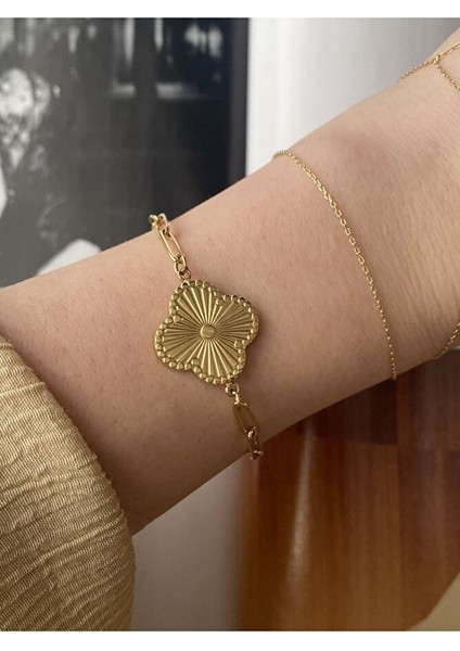 Pinery Jewels Midi Boy Yonca Sıralı Zincir Çelik Kararmaz Gold Bileklik