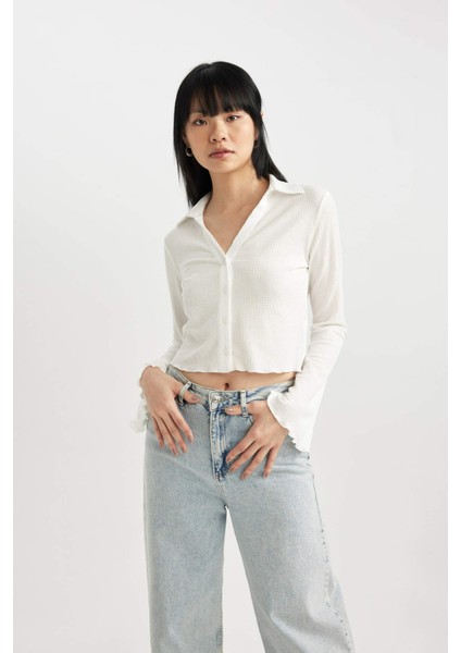 Coool Fitted Uzun Kollu Crop Beyaz Gömlek A0012AX24SP