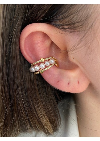 Kalp ve Incili Zirkon Taşlı Altın Kaplama Kıkırdak Earcuff
