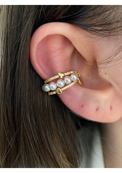 Kalp ve Incili Zirkon Taşlı Altın Kaplama Kıkırdak Earcuff modelleri
