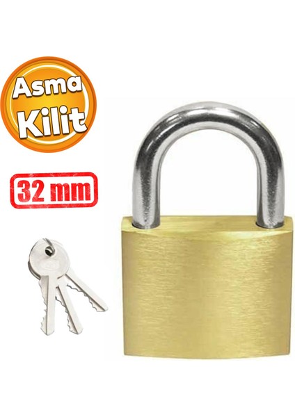 Asma Kilit Sarı 32 mm 3 Anahtarlı Halka Kapı Sandık Kutu Kilidi Tosba Kilit