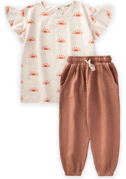 Desenli Organic Müslin Şalvarlı Takım Ekru - Açık Kahve