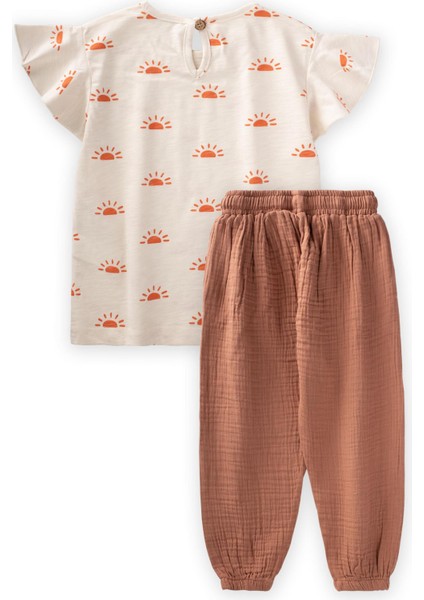 Desenli Organic Müslin Şalvarlı Takım Ekru - Açık Kahve fiyatları