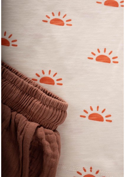 Desenli Organic Müslin Şalvarlı Takım Ekru - Açık Kahve modelleri