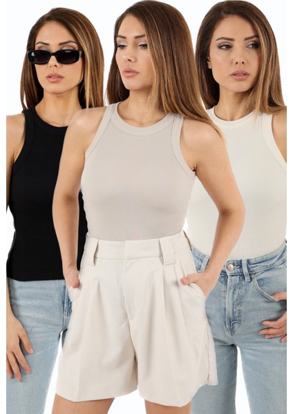 Kadın 3’lü Premium Pamuklu Fitilli Bej Krem Siyah Atlet