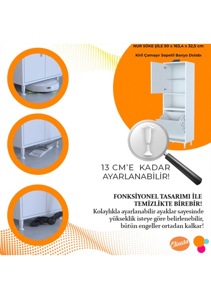 50 x 163,4 x 32,5 cm 2 Kapak 3 Bölmeli Kirli Çamaşır Dolabı Sepetli Banyo Dolabı