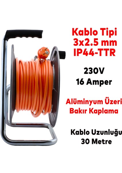 Makaralı Seyyar Kablo Kapaklı 4 Prizli Metal Uzatma Kablosu 3x2.5 mm Ttr Kablo 30 Metre