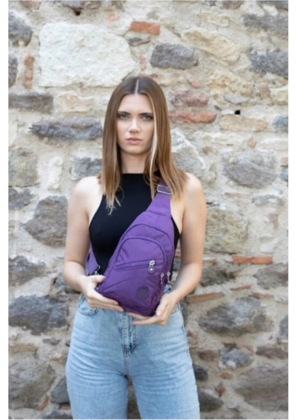 Kadın Mor Krinkıl Kumaş Bodybag Çapraz Göğüs ve Omuz Çantası tul352