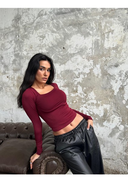 Bordo Kare Yaka Uzun Kollu Slimfit Basic Body 27053 fiyatları