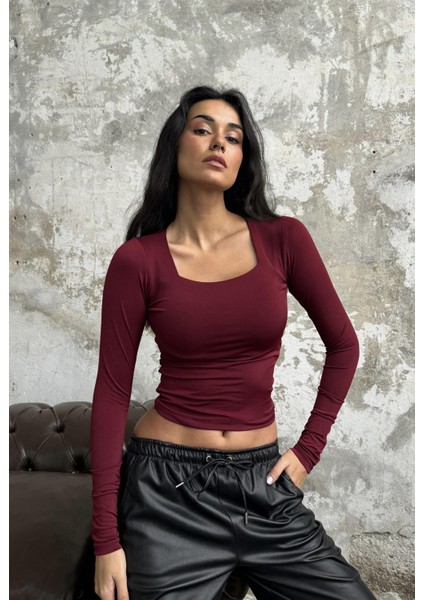 Bordo Kare Yaka Uzun Kollu Slimfit Basic Body 27053 modelleri