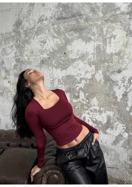 Bordo Kare Yaka Uzun Kollu Slimfit Basic Body 27053 indirimleri