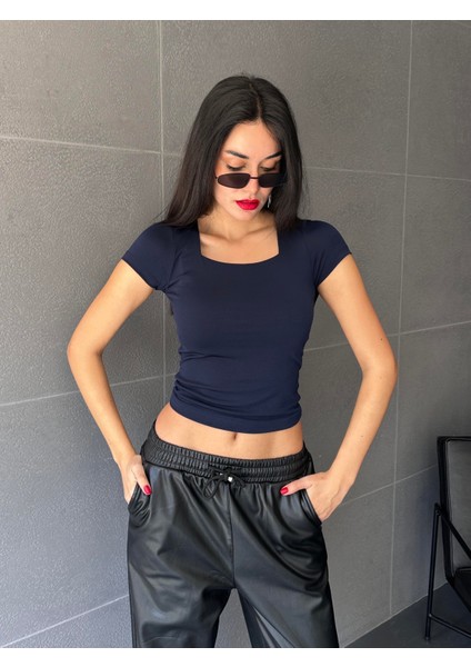 Lacivert Kare Yaka Kısa Kollu Slimfit Basic Body 27174