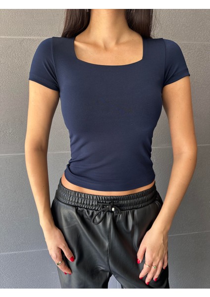 Lacivert Kare Yaka Kısa Kollu Slimfit Basic Body 27174