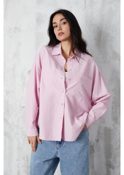 Pembe Basic Geniş Kesim Çizgili Gömlek 27075