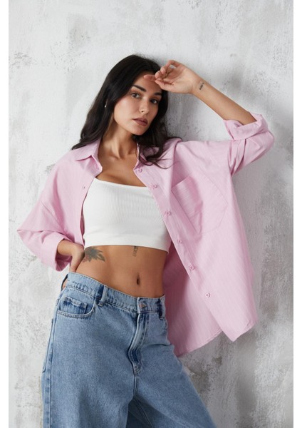 Pembe Basic Geniş Kesim Çizgili Gömlek 27075 modelleri