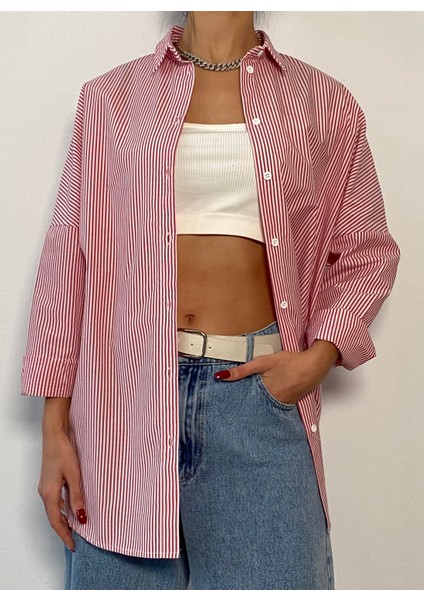Kırmızı Çizgili Oversize Gömlek 27001