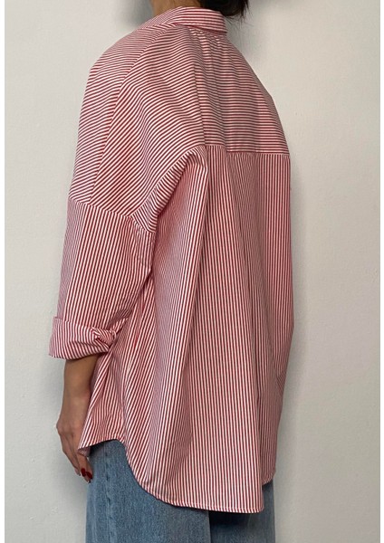 Kırmızı Çizgili Oversize Gömlek 27001