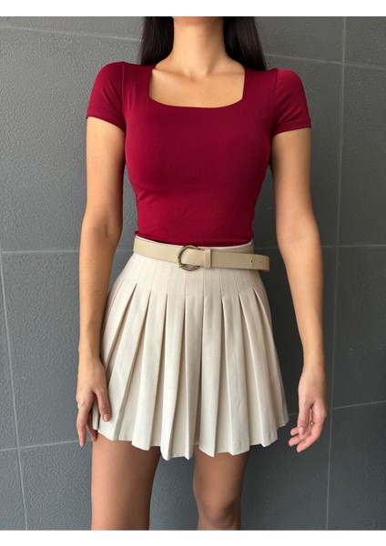Bordo Kare Yaka Kısa Kollu Slimfit Basic Body 27174 indirimleri