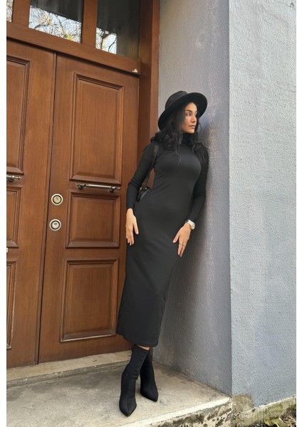Siyah Balıkçı Yaka Fitted/vücuda Oturan Uzun Kollu Uzun Elbise 26283
