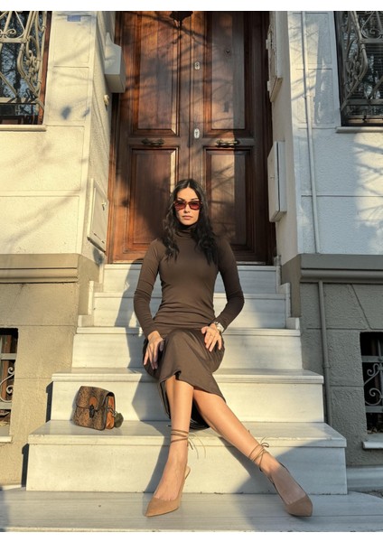 Kahve Balıkçı Yaka Fitted/vücuda Oturan Uzun Kollu Uzun Elbise 26283