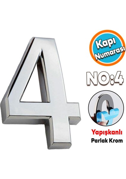 Kapı Numarası Yapışkanlı Parlak Krom Numaraları 37.5 mm No:4 Rakam Sayı