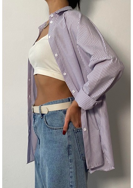 Lila Çizgili Oversize Gömlek 27001 fırsatları