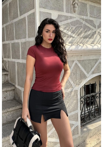 Bordo Bisiklet Yaka Kısa Kollu Slimfit Basic Body 27132