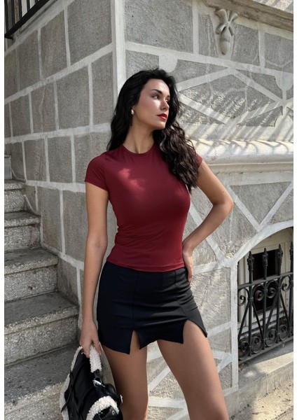 Bordo Bisiklet Yaka Kısa Kollu Slimfit Basic Body 27132