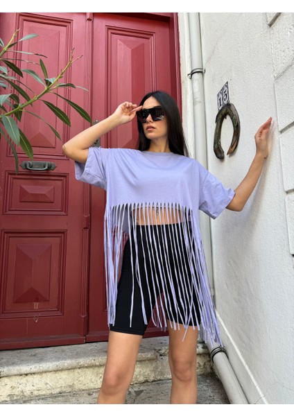 Lila Püsküllü Penye Oversize T-Shirt 25436