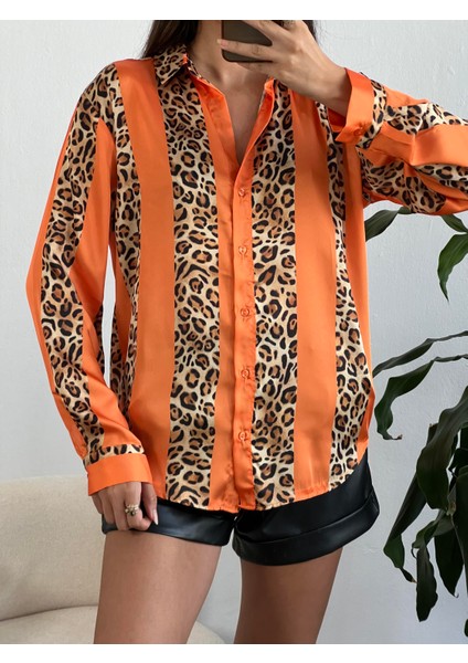 Oranj Saten Leopar Desen Gömlek 25283