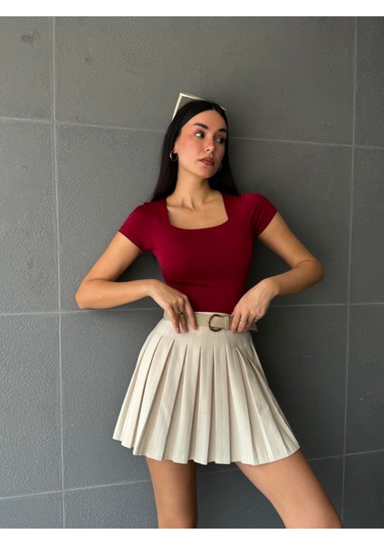 Bordo Kare Yaka Kısa Kollu Slimfit Basic Body 27174 fiyatları