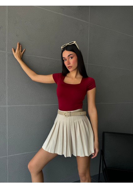 Bordo Kare Yaka Kısa Kollu Slimfit Basic Body 27174 modelleri