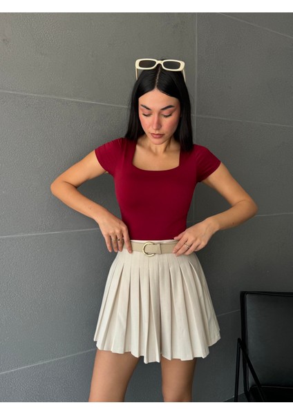 Bordo Kare Yaka Kısa Kollu Slimfit Basic Body 27174 fırsatları