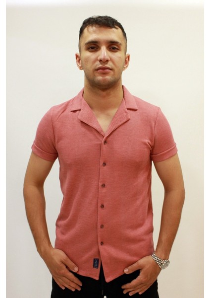 Caz 2000 Waffle Kısa Kol Kırlangıç Yaka Gömlek Gül Kurusu