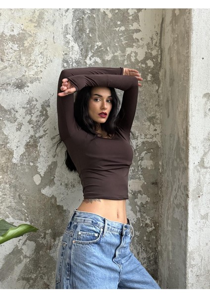 Acı Kahve Kare Yaka Uzun Kollu Slimfit Basic Body 27053 fiyatları