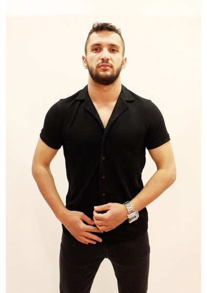 Erkek Caz 2000 Waffle Kısa Kol Siyah Gömlek