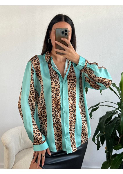 Turkuaz Saten Leopar Desen Gömlek 25283 fiyatları