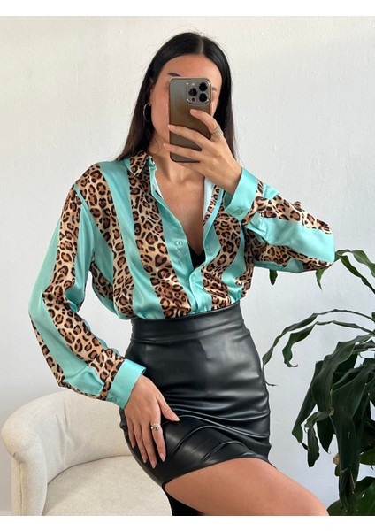 Turkuaz Saten Leopar Desen Gömlek 25283 indirimleri