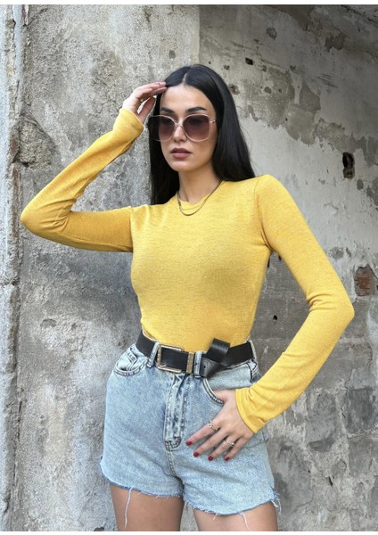 Sarı Bisiklet Yaka Basic Uzun Kollu Slimfit Simli Body 26267