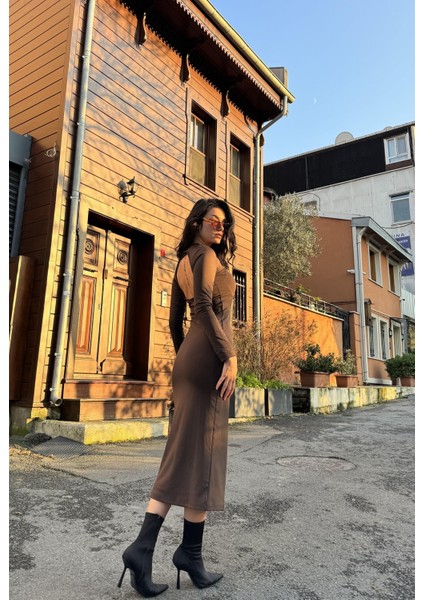 Kahve Sırtı Açık Bisiklet Yaka Fitted/vücuda Oturan Uzun Elbise 26288