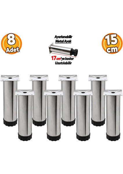 Ayarlanabilir Mobilya Kanepe Baza Koltuk Metal Destek Yükseltici Ayağı 15 cm Krom Ayakları (8 Adet)