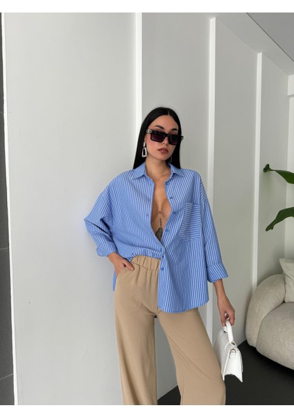 Mavi Beyaz Çizgili Oversize Cepli Gömlek 27135
