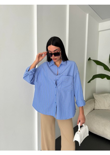 Mavi Beyaz Çizgili Oversize Cepli Gömlek 27135 fırsatları
