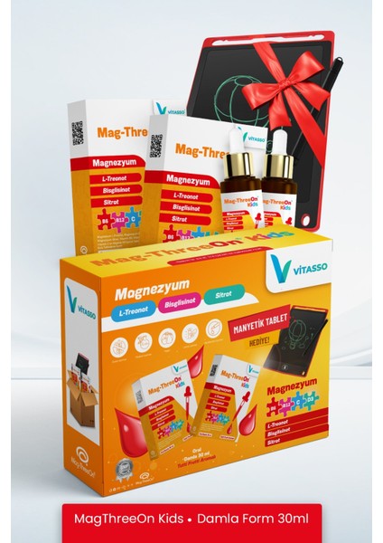 Magthreeon Kids çocuklar için Magnezyum ve Vitamin damla Manyetik Tablet Hediyeli 2'li paket